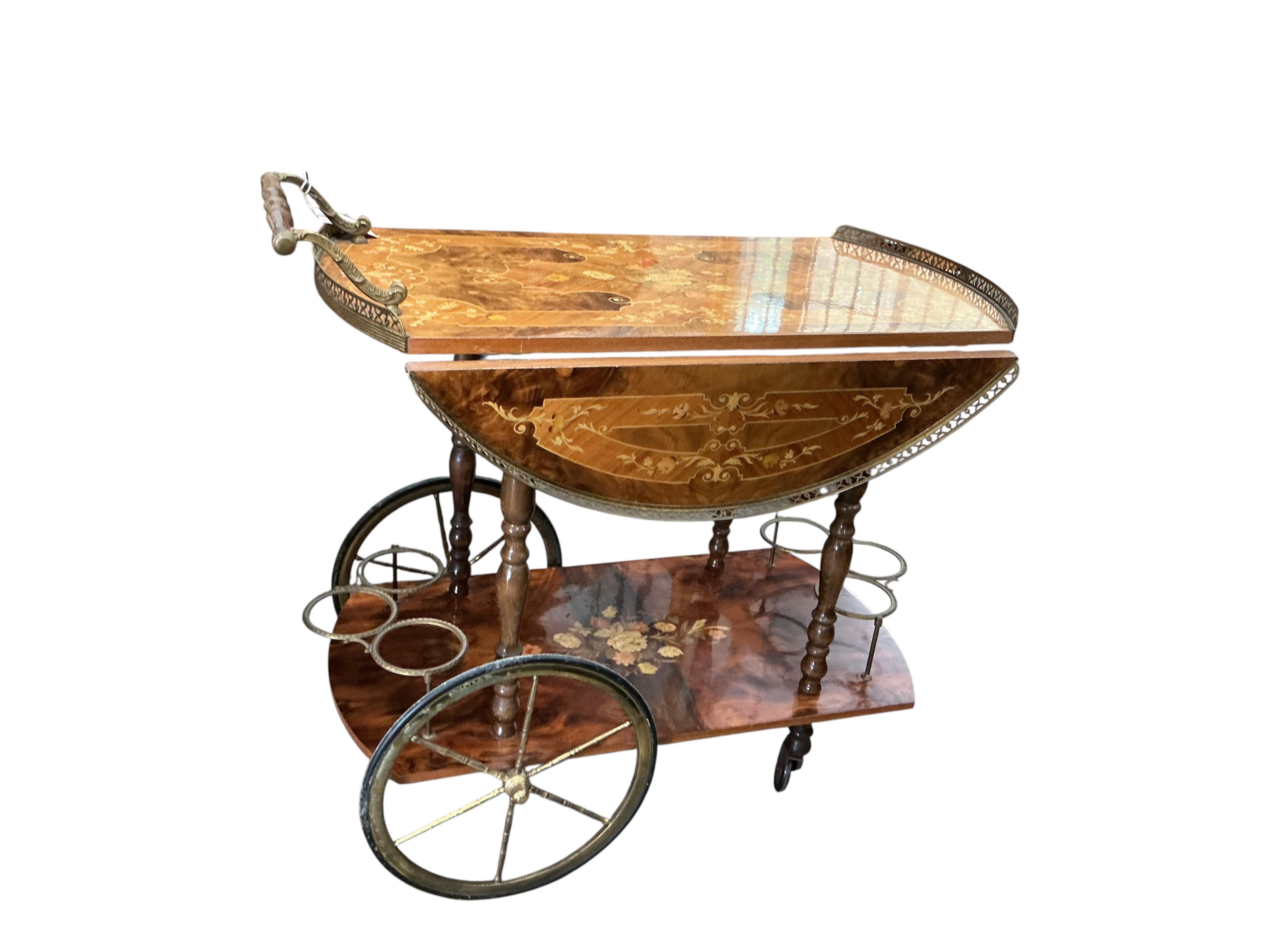 A Sorrento marquetry inlaid walnut and beech drop flap two tier drink's trolley, width 80cm, depth 48cm, height 74cm